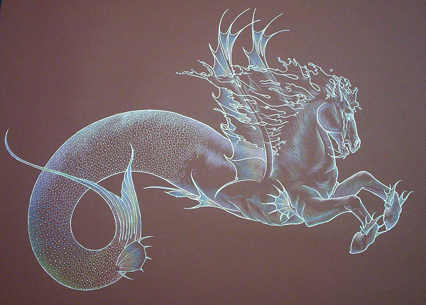 Virgo Fantastic Art Pedro Sacristán  constellation sea dragon charcoal  mixed media Arte Fantastico mexico