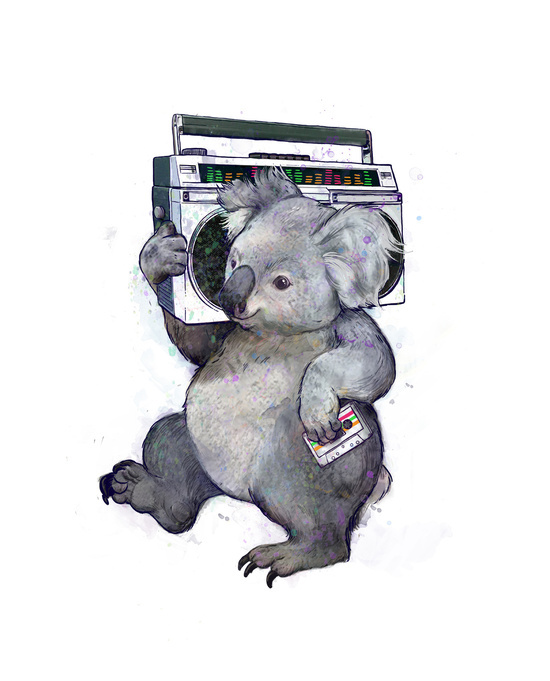 koala kid's art wall art watercolour splashes mixtape boombox ghetto-blaster 80s Retro animals drawn furry