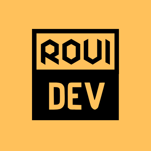 RoviDev logo design in black and yellow color palette.