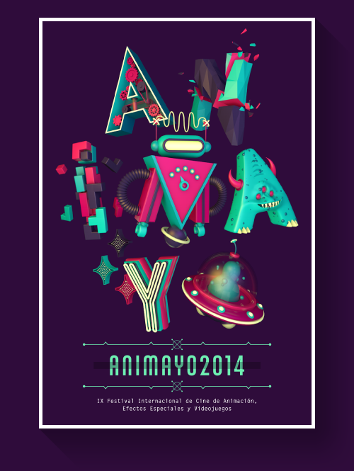 Animayo poster cartel lettering 3D robot monster tetris UFO