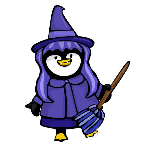 Mostly purple witchy vampire penguin dressed up for Halloween with a broomstick and hat.