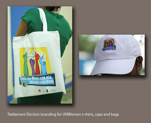 Elections posters identity banners t-shirts caps bags Gender voter education campaign