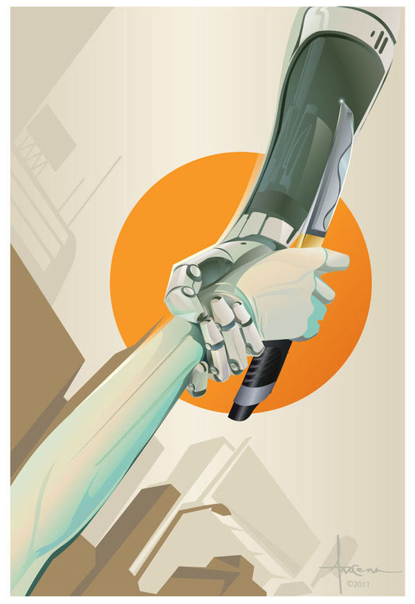 book cover sci-fi science fiction society grasp knife robot android to serve vector