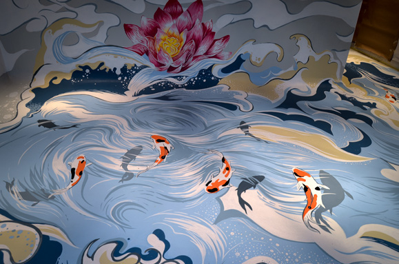 fish Mural Painting FLOOR KOI FISH water river waves brushstrokes floor painting