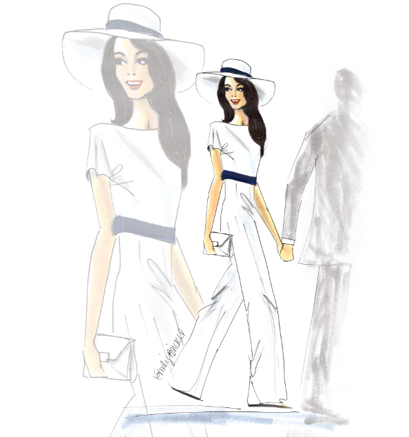 fashion illustration Amal Clooney New Mrs. Clooney Mrs. Clooney Stella McCartney White pantsuit hat jumpsuit crop top two piece White bride wedding bride to be