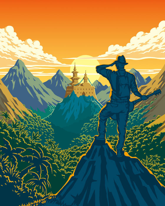 vector illustration of man in the mountains looking at the horizon