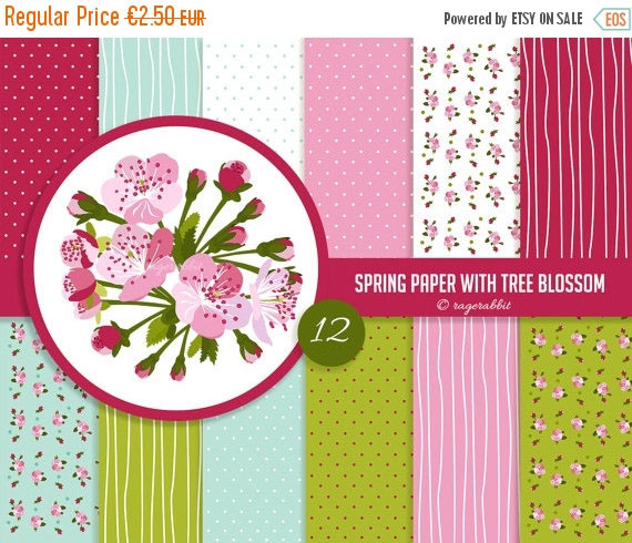 spring Cherry Blossom Tree blossom vector handdrawn Flowers Easter digital paper set ragerabbit