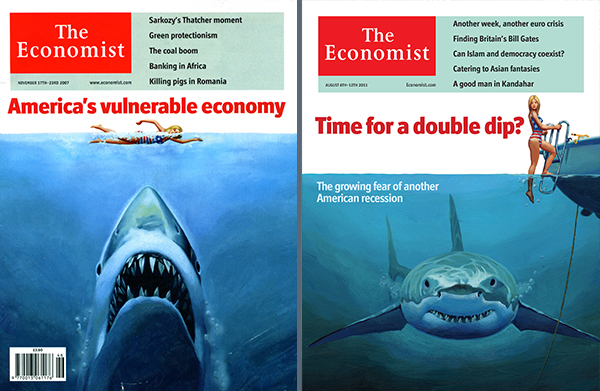 The Economist pastiche old masters Romanticism naive painting delacroix millet Rousseau dali jaws shark Lucas Cranach adam and eve surrealism