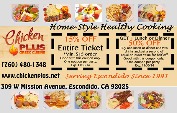 creating advertisement COUPON advertise Chicken Plus escondido Cougar Chronicle newspaper print Food  restaurant