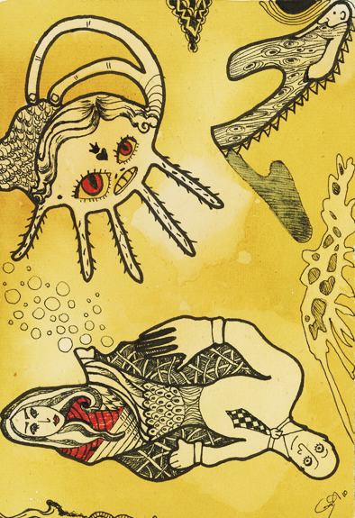 watercolors Artilustration pareidolia golden yellow Urobilin dibujos acuarelas Acuatic monsters mythological images mitologia Objetos Sutiles subtle objects