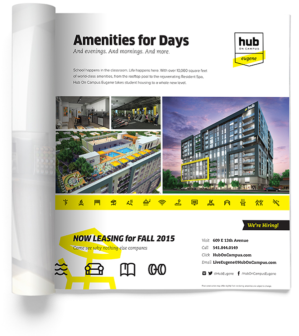 student housing brand manual newspaper ads brochure Responsive Design iPad mobile t-shirts Signage wayfinding Web icons college real estate amenities