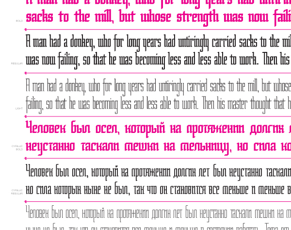 Opentype Ligatures Cyrillic Blackletter gothic condensed thin bold ornaments dingbat
