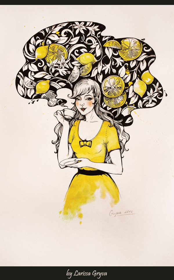 fruit tea fruits girl ink gel pen watercolor illustrations drawings hand drawing color decorative ornamental art Portret pattern lemon Flowers paper red yellow flavor Aroma beauty