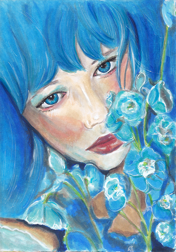 Retrato mujer en azul. Con rotuladores Copic y lápiz