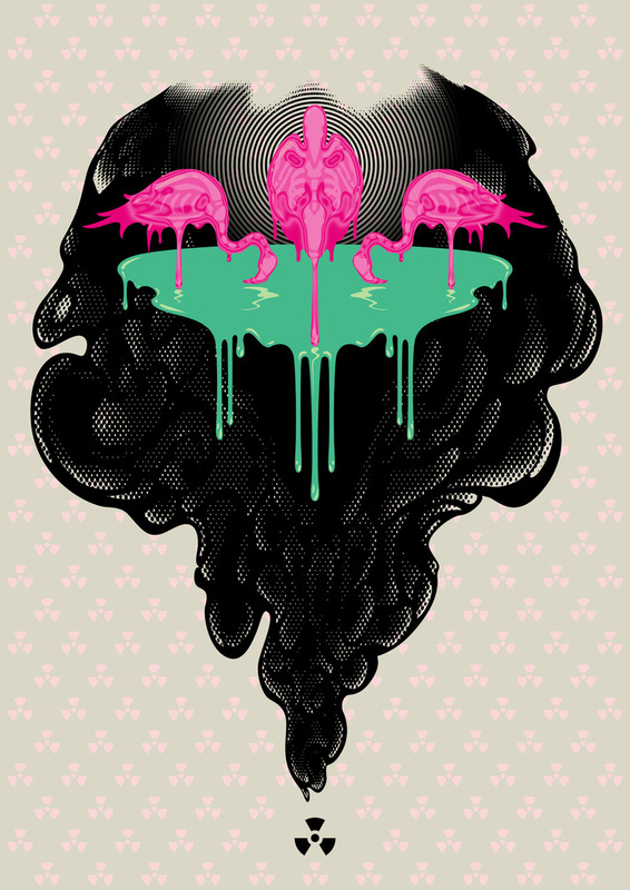flamingo pink radioactive toxic pollution art print poster waste smoke
