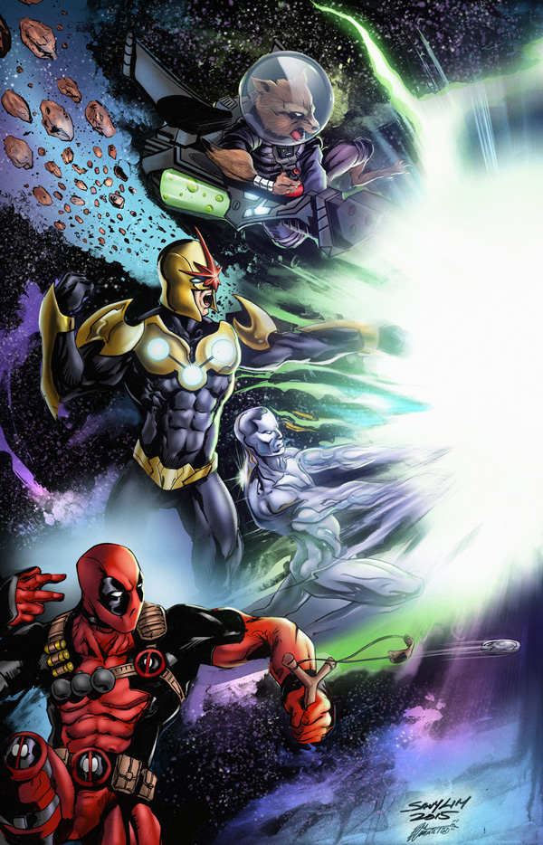 comic cover and pinup Nova rocket racoon deadpool marvel comics Space  fight flare destello battle batalla historieta