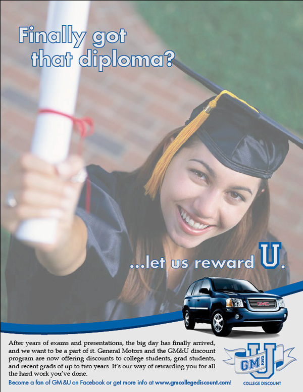 car automotive   GM Advertising  campaign ads Billboards newletter brochure college graduate discount