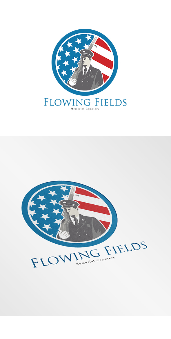 Flowing Fields Memorial logo soldier serviceman Military army infantry rifle Weapon firearm assault rifle side circle stars and stripes