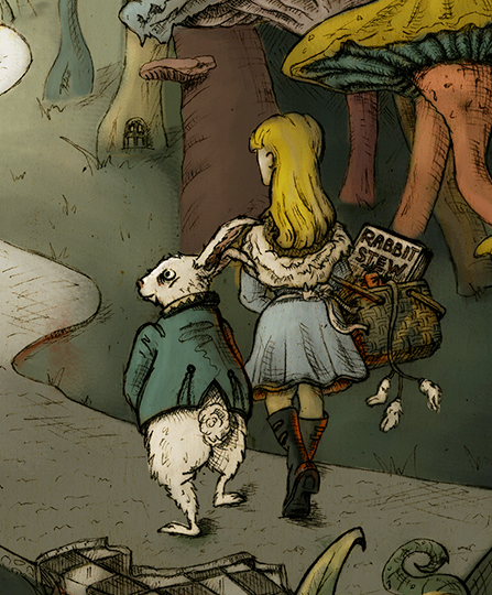 alice in wonderland alice rabbit Mushrooms fantasy childrens book humor dark giant satire hare colorful orange environment Fan Art