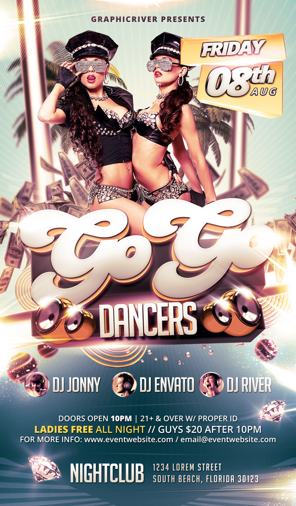 go-go dancers nightclub flyer print template sexy disco deco drive south beach dj