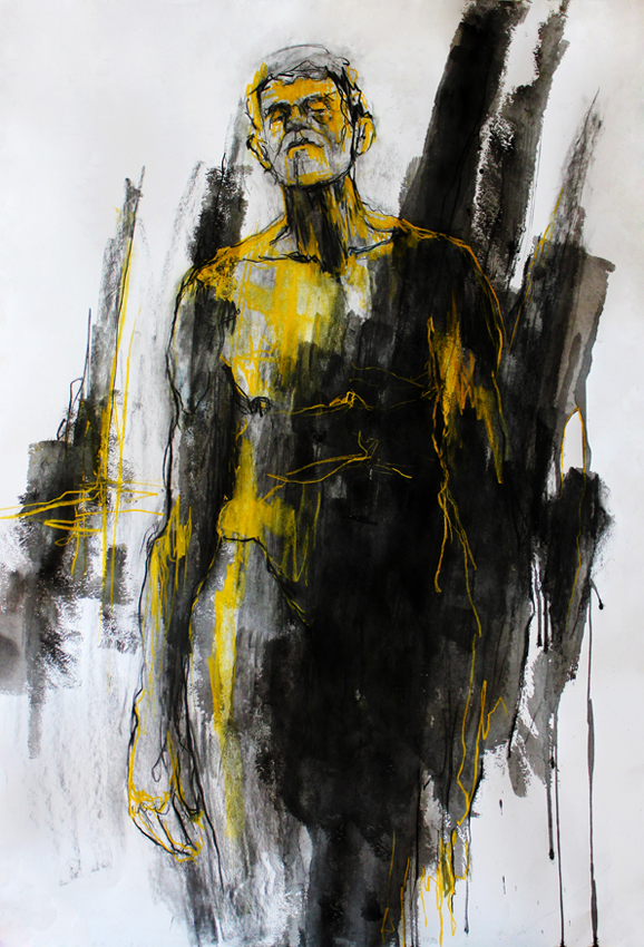 portrait yellow black ink dry pastel