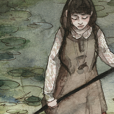 watercolour watercolor lily pond girl fish