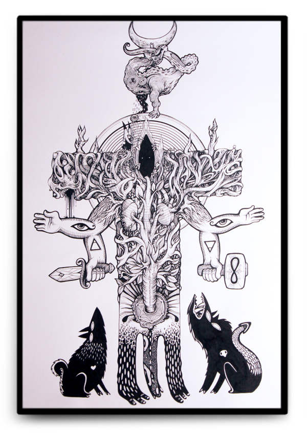 black and white skull dzo  handdrawn pen symbol art detail