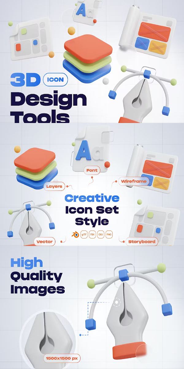 Creative Digital Design Drawing Tools 3D Icon Set