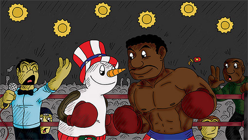 Stories comics comedy  Parody snowman Boxing colour mash up freelance work Webisode Rocky Frosty the Snowman New Zealand