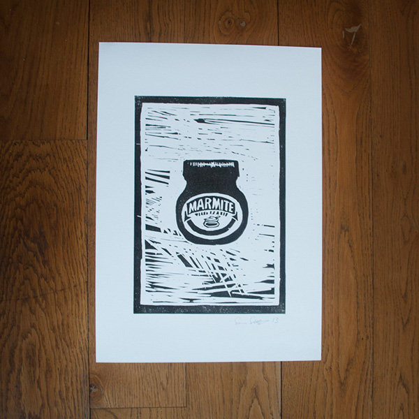 Linocut prints Marmite, Battersea and can of worms