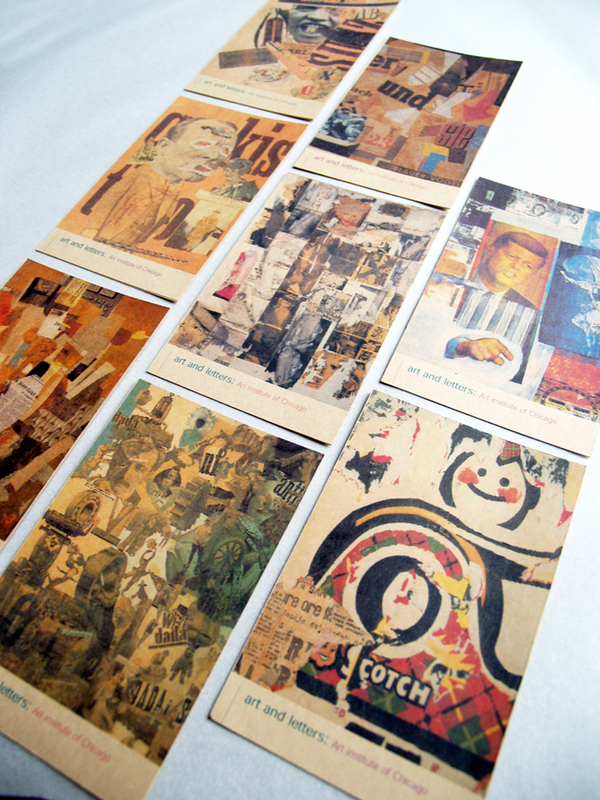 Collage Art & Letters exhibition brochure + postcards.