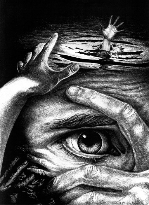 Drowning black colour pencil water eye closeup