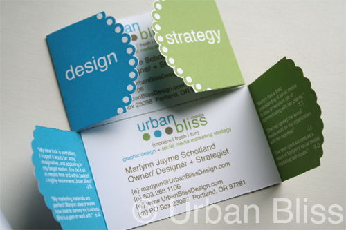 Business Cards die-cut cards handmade Urban Bliss Portland Oregon Identity Design identity tri-fold cards die-cut