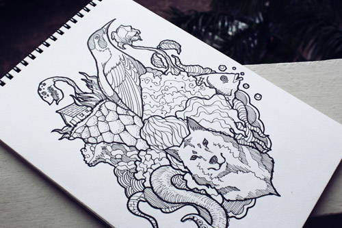 sketch sketchbook manual hand ink pen pencil Character Dino animal robot doodle draw flower black White
