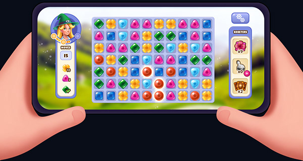 Match-3 fantasy game. Mobile UI/UX design.