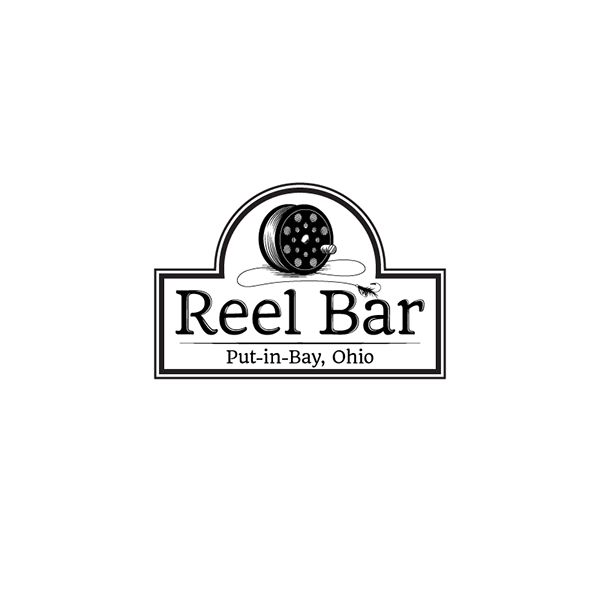 woodcut stamp reel fishing hook bar restaurant Food  drinks lake logo Fly fishing
