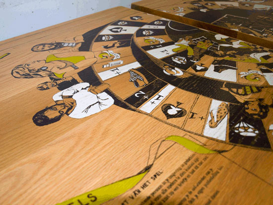 silkscreen print ink black and white people game table table design