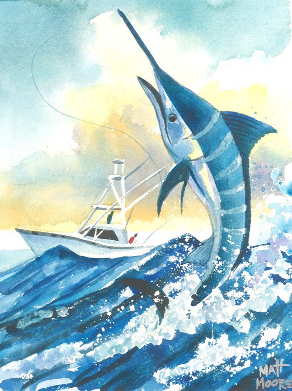 Blue Marlin watercolor fishing water seascape