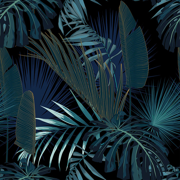 Tropical night. Exotic dark jungle wallpaper.
