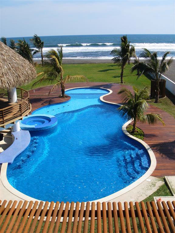 Beach house modern Tropical Guatemala Juan Gaviota Marina del Sur puerto Pool rancho palapa mosaic brise soleil deck pacific