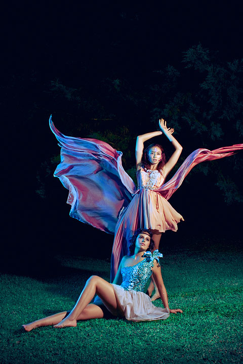 female model grass Tree  Flowers flowing dress pink blue fairy