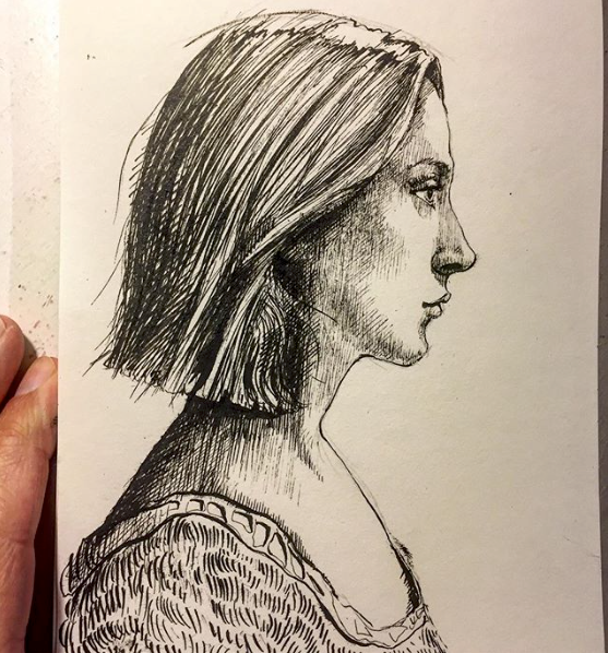 ink black brushes pen fude portrait face female charcoal paper