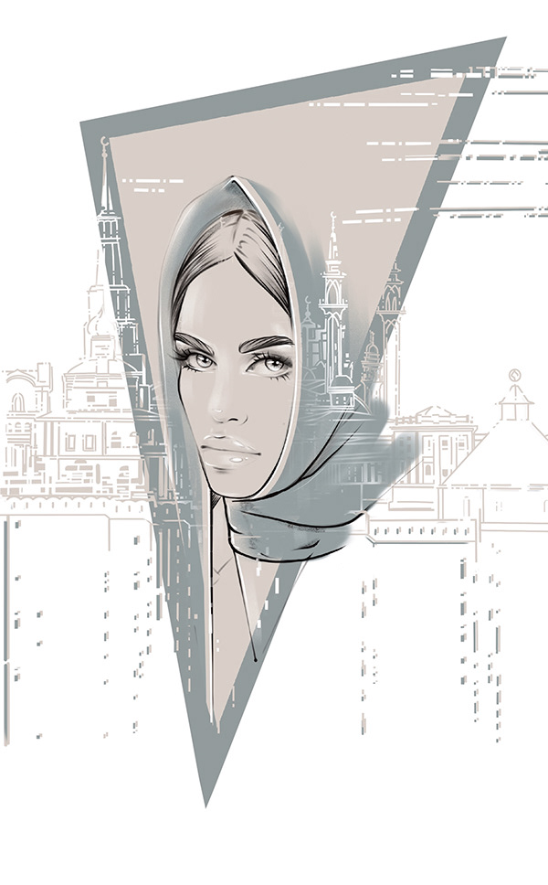 GIRL AND CITY. Headscarf. Textile design.