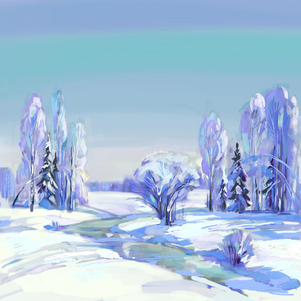 пейзаж зима снег мороз CG эскиз speedpaint