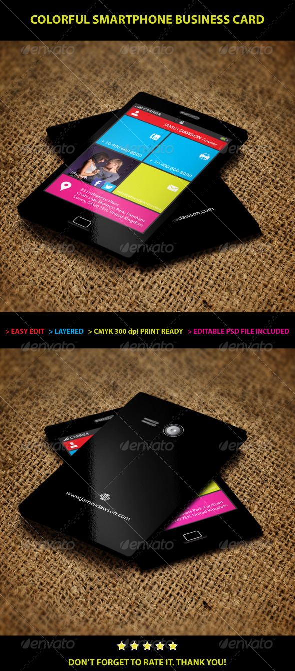 business card smartphone colorful IT phone print studio design designer developer Cell mobile