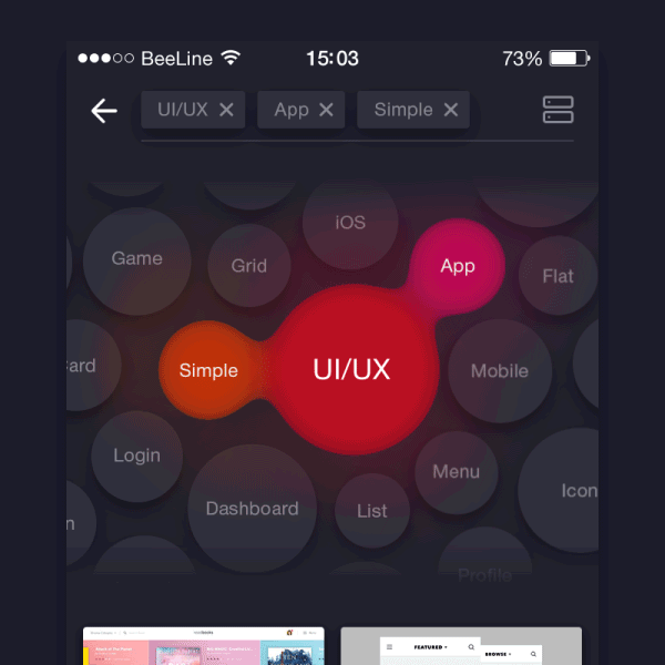 card mobile concept Pinterest profile Board tag simple bubble UI ux dark glow search app