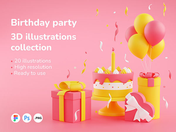 Birthday party 3D illustrations collection