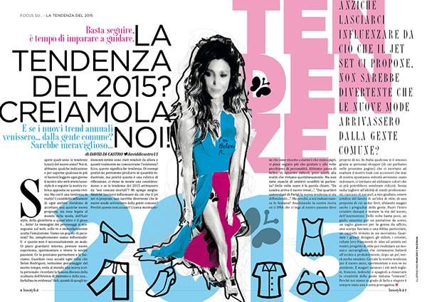 Lusso Style illustrazione Francesco Mazzenga Belen Rodriguez tendenze Gennaio 2015 smoking Loredana Dell'Anno Tocchi di Charme
