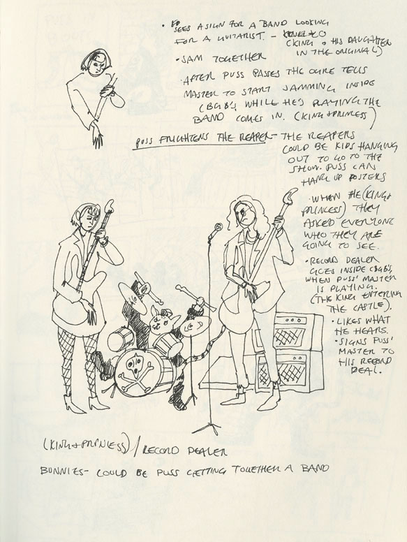 puss in boots punk fairytales concept art children's book 1970s Cat music sketchbook doodles