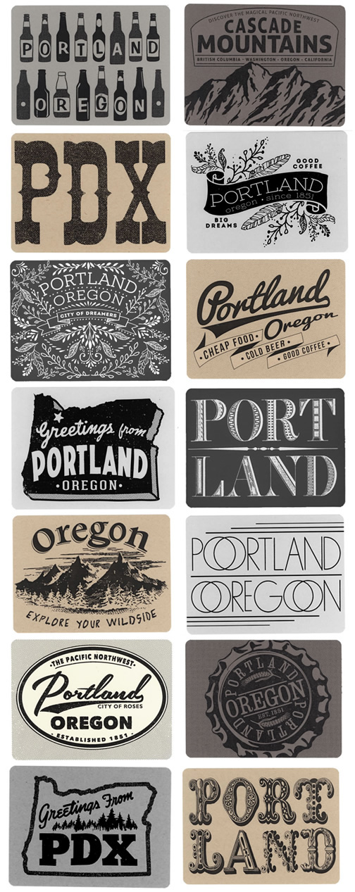 Portland Oregon cards postcards illustrations drawings hand made etsy craft paper Retro portlandia vintage fonts
